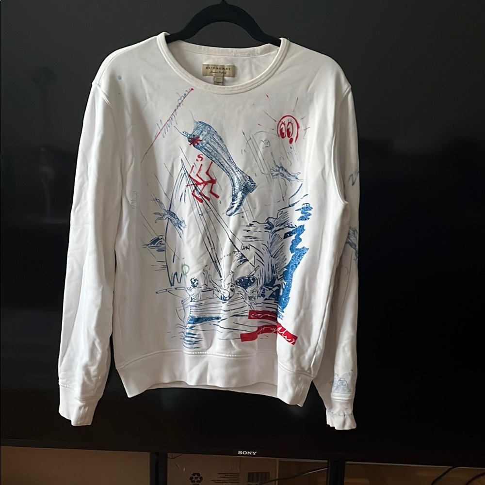 Authentic Burberry White Crewneck Sweater with Blue & Red Artistic Flair